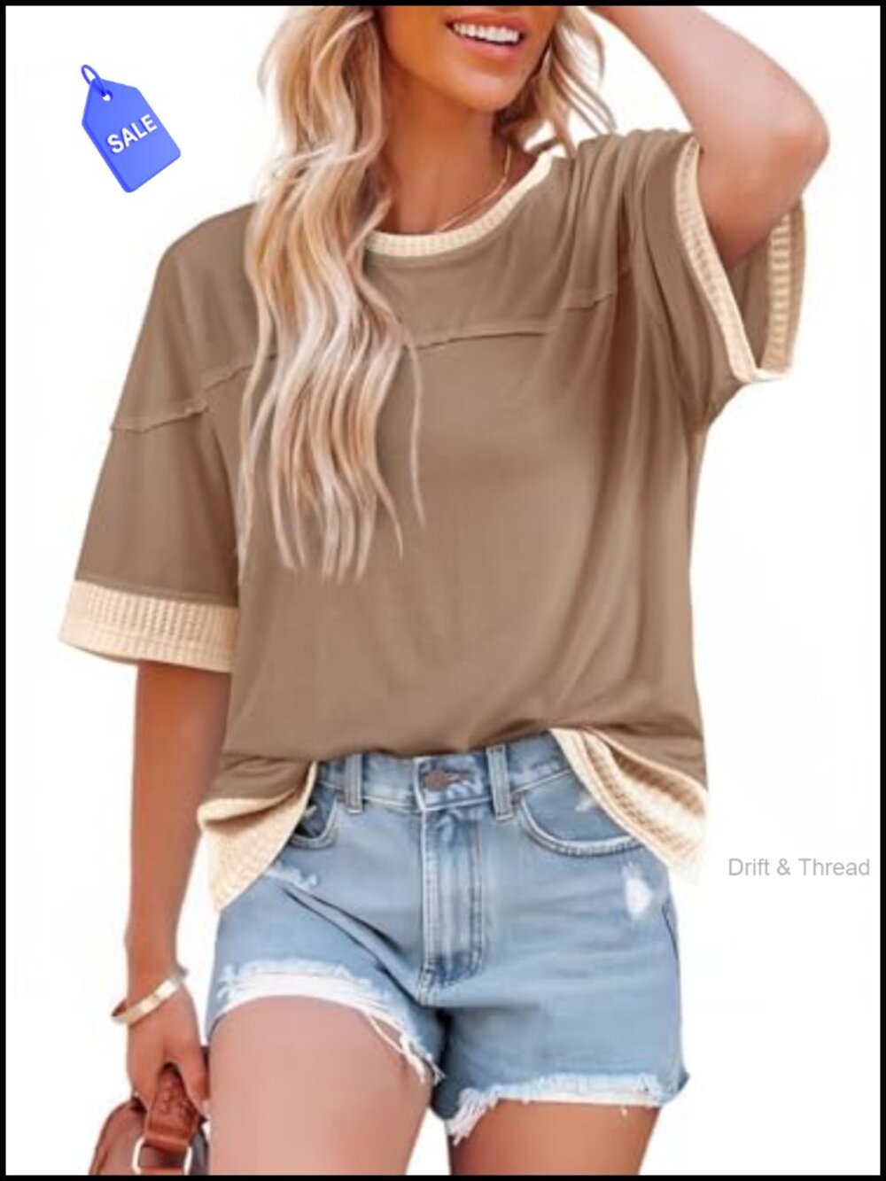 Oversized Short Sleeve T Shirt Crewneck Waffle Knit Hem Side Slit Tunic Top